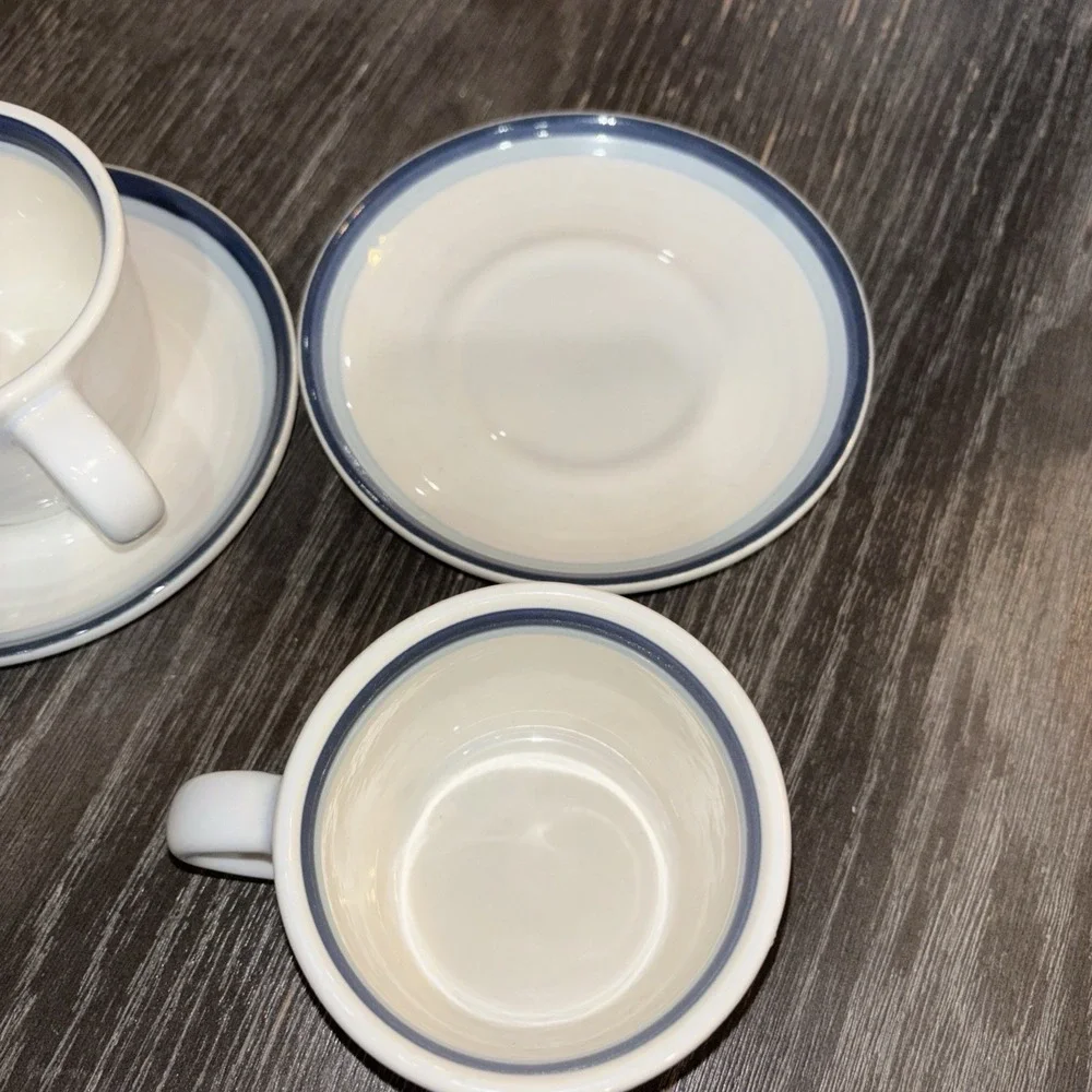 PFALTZGRAFF coffee tea cups mugs saucers stoneware set of 2 White & blue